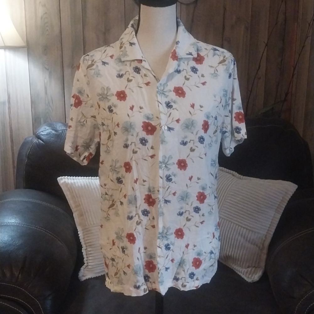 Porter & Ash 100% Linen Short Sleeve Leisure Shirt Men’s S Cream/Blue Designer